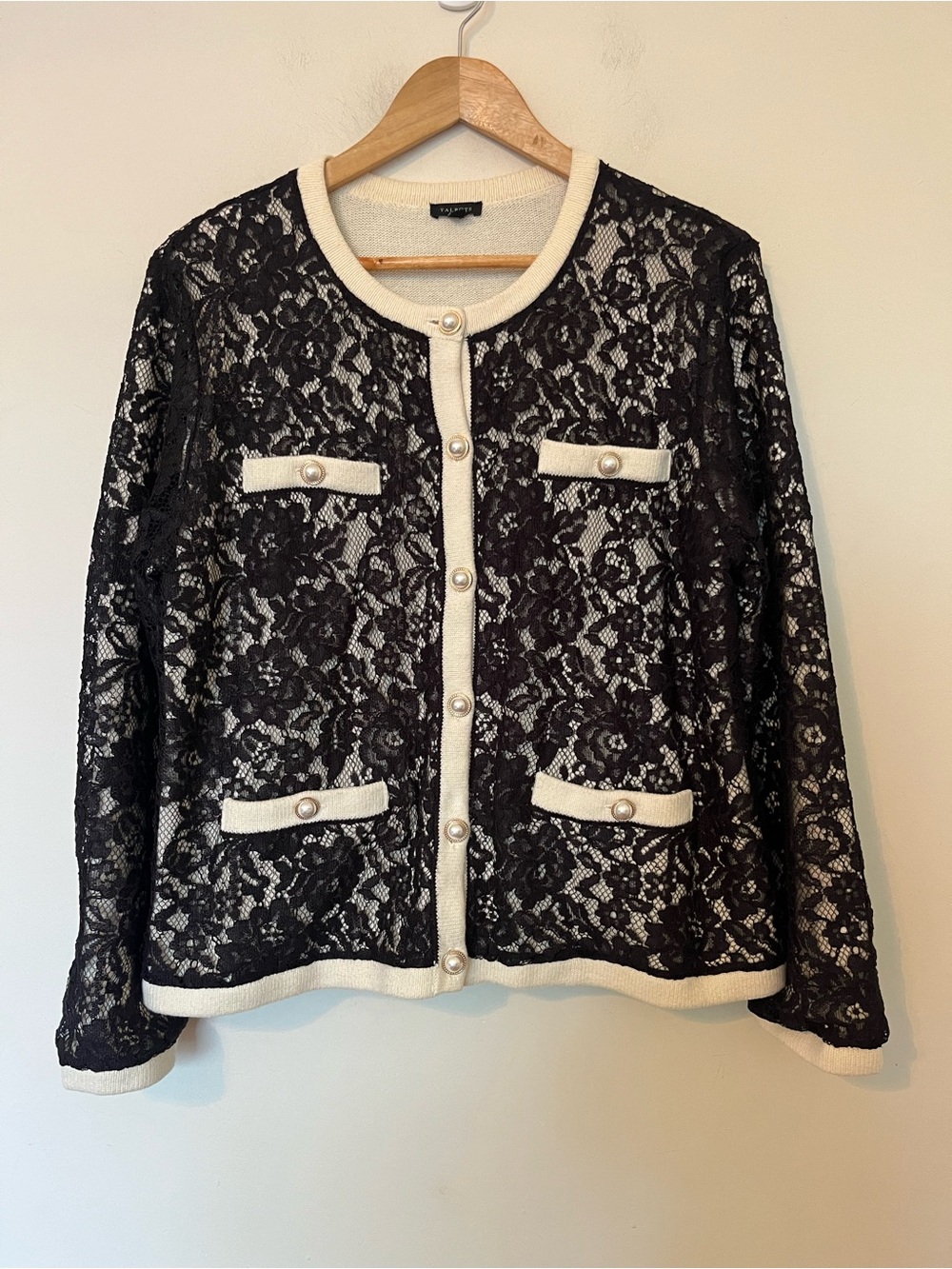 Talbots Lace Overlay Cardigan Jacket Black Cream Pearl Button Size Large - Picture 4 of 12